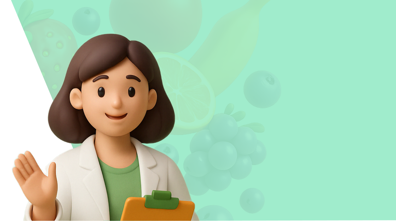 Friendly nutritionist with clipboard waving hello